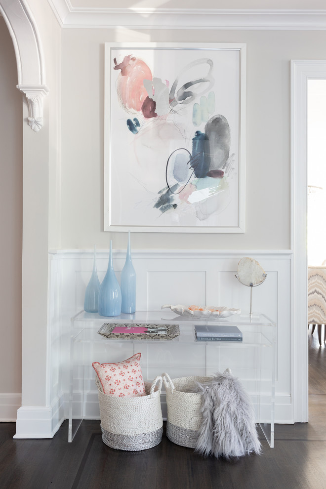 Inspiration for a small coastal dark wood floor and brown floor foyer remodel in New York with gray walls