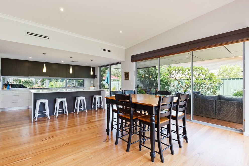 Mid-sized transitional kitchen/dining combo in Perth with white walls, light hardwood floors and no fireplace.