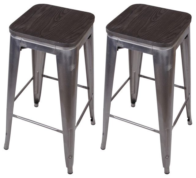 Metal Gunmetal Bar Stools With Dark Wooden Seat, Set of 2 Industrial