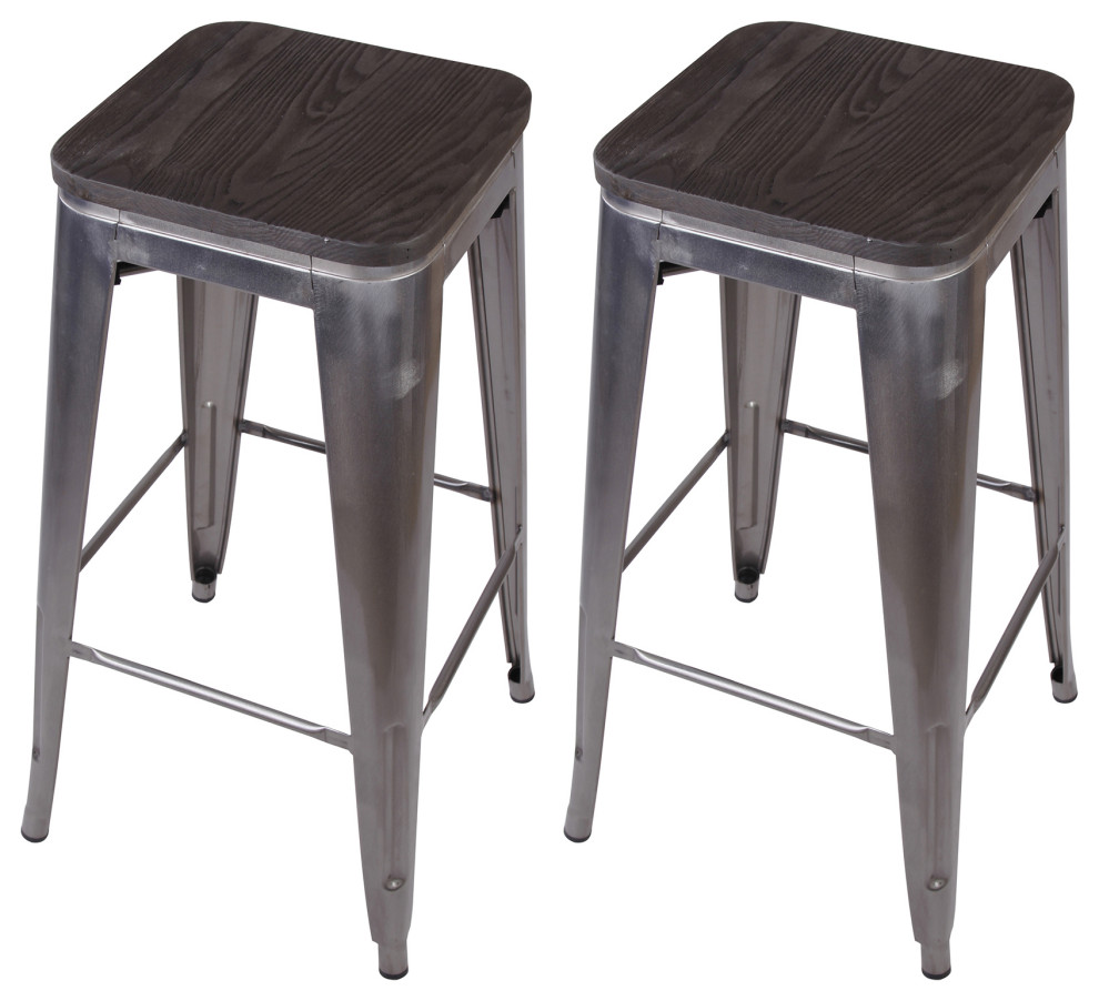 Metal Gunmetal Bar Stools With Dark Wooden Seat, Set of 2 Industrial