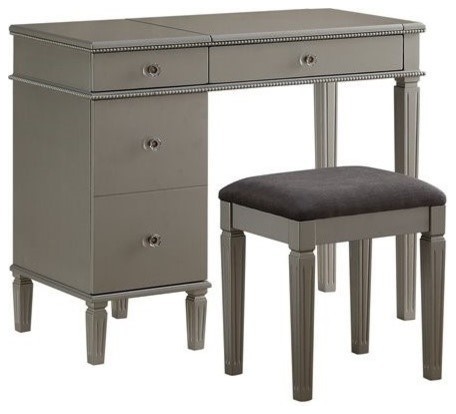 Linon Alexandria Wood Vanity Set In Silver Traditional Bedroom