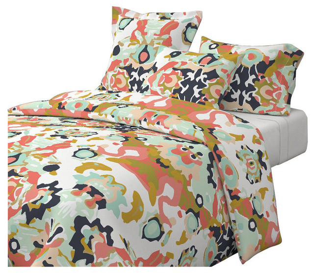 Coral Jubilee Navy Watercolor Cotton Duvet Cover Contemporary