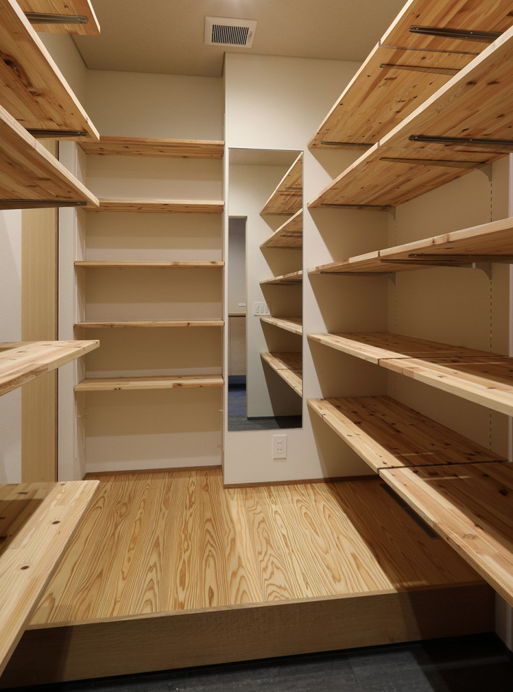 Идея дизайна: гардеробная комната среднего размера, унисекс в восточном стиле с деревянным полом, бежевым полом и потолком с обоями