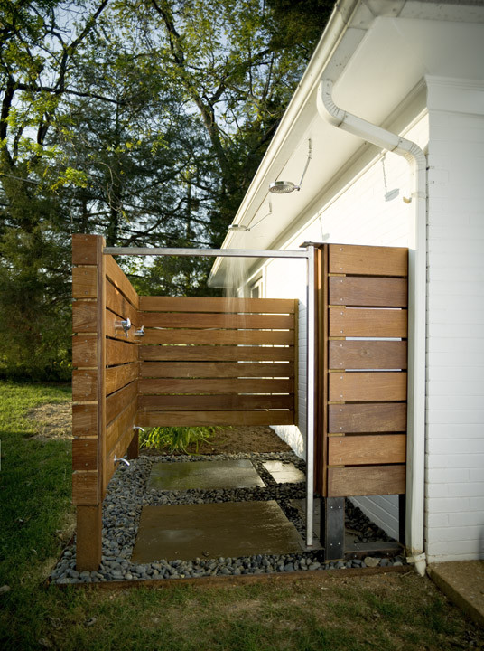 Design ideas for a modern patio in Other with an outdoor shower.
