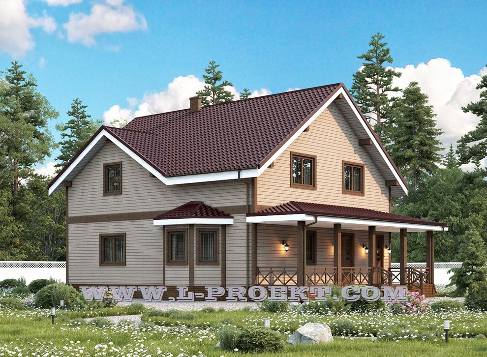 Проект 086 - Двухэтажный мансардный каркасный дом с террасой