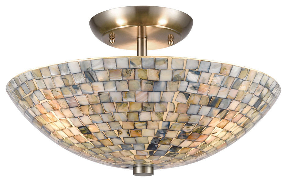 3-Light Mediterranean Style Semi Flush Mount Ceiling Lamp Shell Shade Light