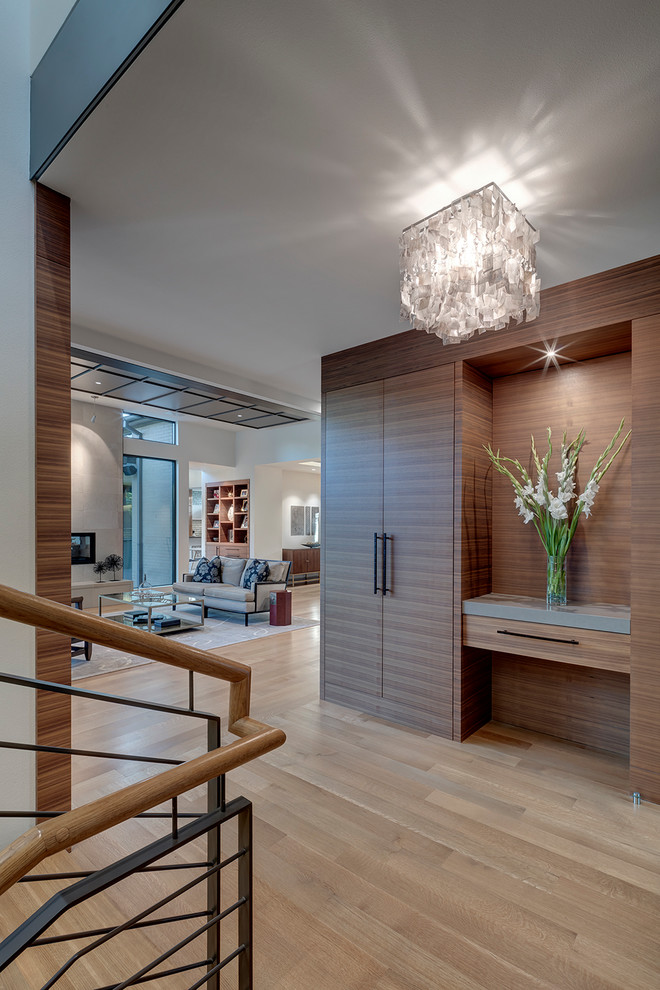 This is an example of a mid-sized contemporary foyer in Dallas with brown walls and light hardwood floors.
