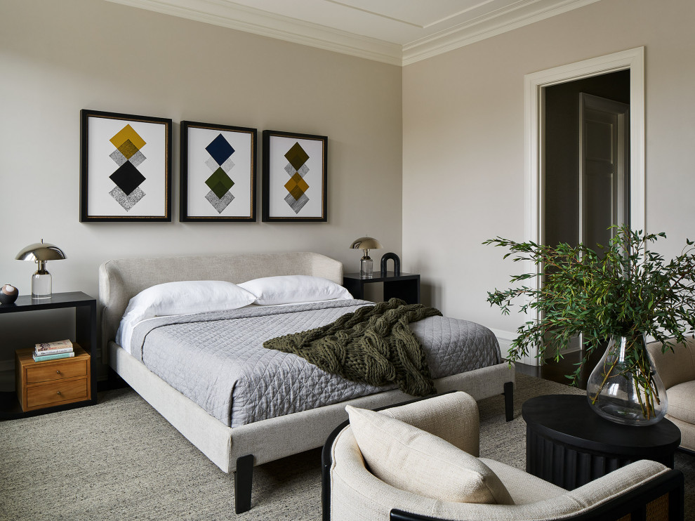 Bedroom - contemporary dark wood floor and brown floor bedroom idea in Chicago with beige walls
