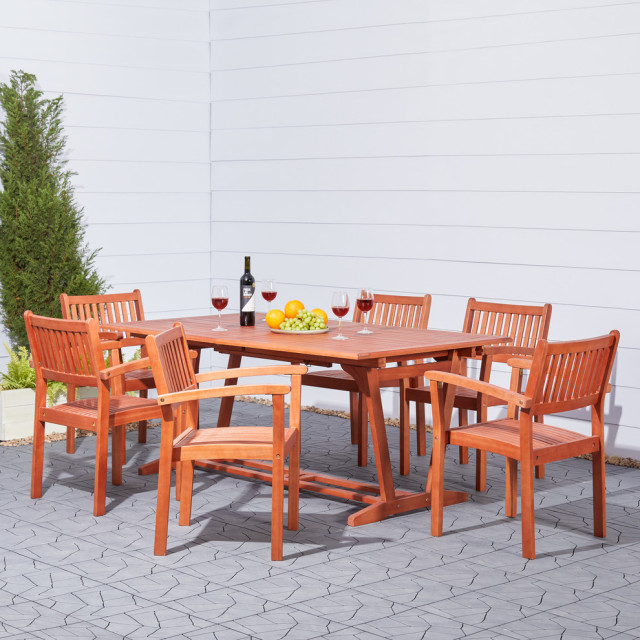 7 Piece Wood Patio Dining Set, Stackable Patio Dining Set