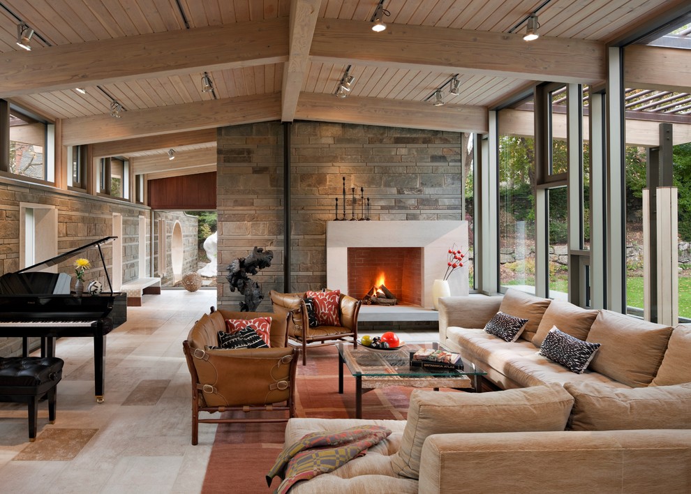 Design ideas for a large modern enclosed living room in Boston with a music area, a standard fireplace, a concrete fireplace surround, no tv and multi-coloured floor.