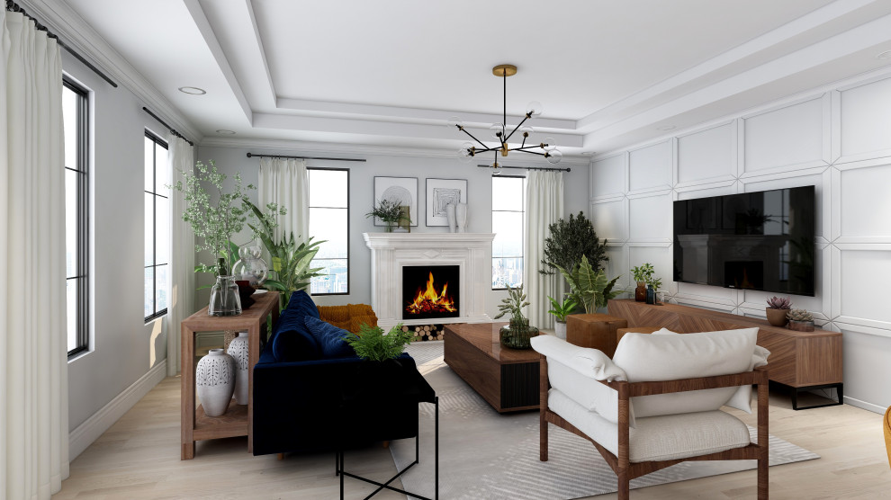 Inspiration for a large contemporary open concept light wood floor, beige floor, tray ceiling and wall paneling family room remodel in New York with white walls, a standard fireplace, a plaster fireplace and a wall-mounted tv