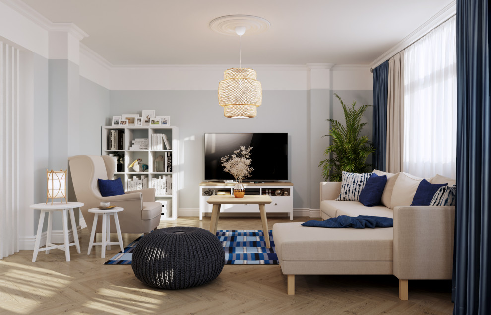 Ispirazione per un piccolo soggiorno scandinavo aperto con pareti blu, parquet chiaro e pavimento beige