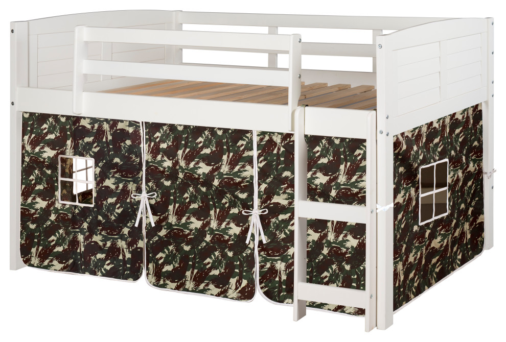 Twin Louver Low Loft White W/Camo Tent Transitional Loft Beds by