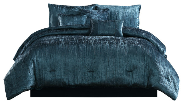 Benzara BM247029 7 Piece King Comforter Set With Shimmering Appeal, Blue