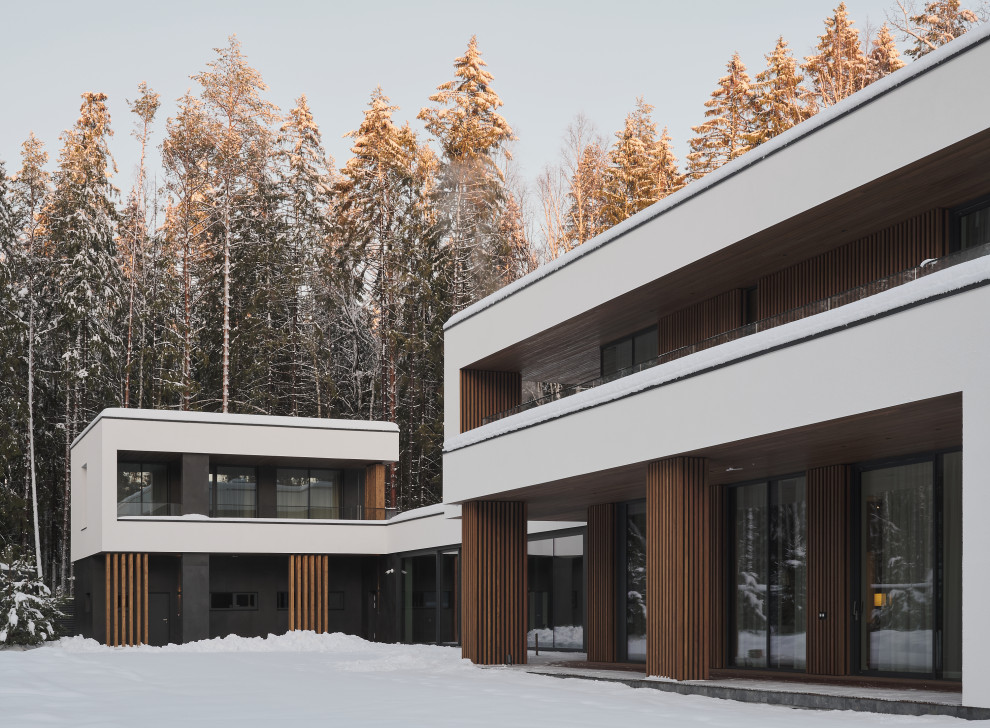 Foto della villa grande bianca contemporanea a due piani con rivestimenti misti, tetto piano, copertura mista, tetto nero e pannelli sovrapposti
