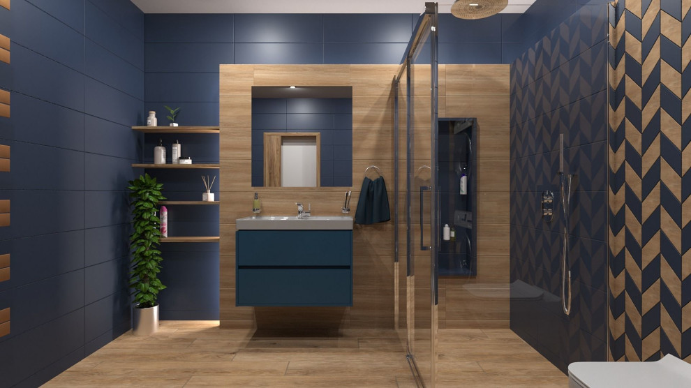 Photo of a mid-sized contemporary 3/4 bathroom in Leipzig with flat-panel cabinets, light wood cabinets, a curbless shower, a wall-mount toilet, blue tile, ceramic tile, blue walls, ceramic floors, a vessel sink, wood benchtops, brown floor, an open shower, a single vanity and a floating vanity.