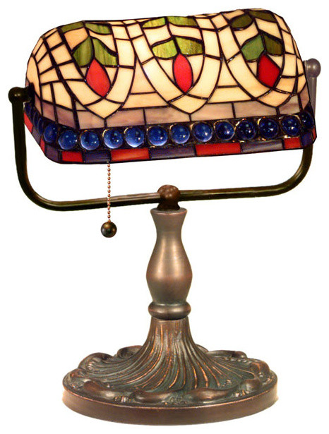 Tiffany Style 12 Stained Glass Desk Lamp With Blue Gemstones