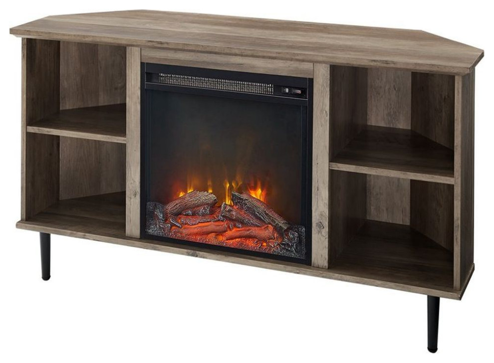 Walker Edison Clyde 48" Simple Corner Fireplace Console, Gray Wash