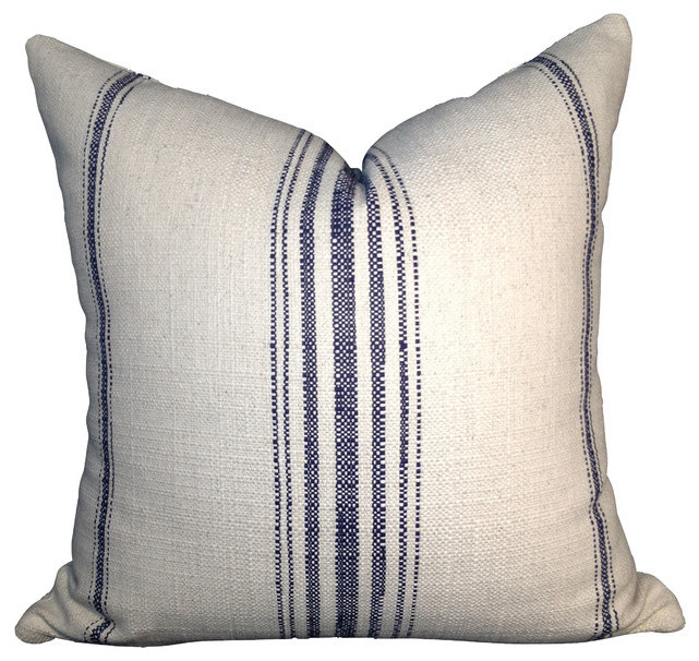 Primitive Navy Blue Stripe Cotton Pillow Cover, Off White, 22"x22"