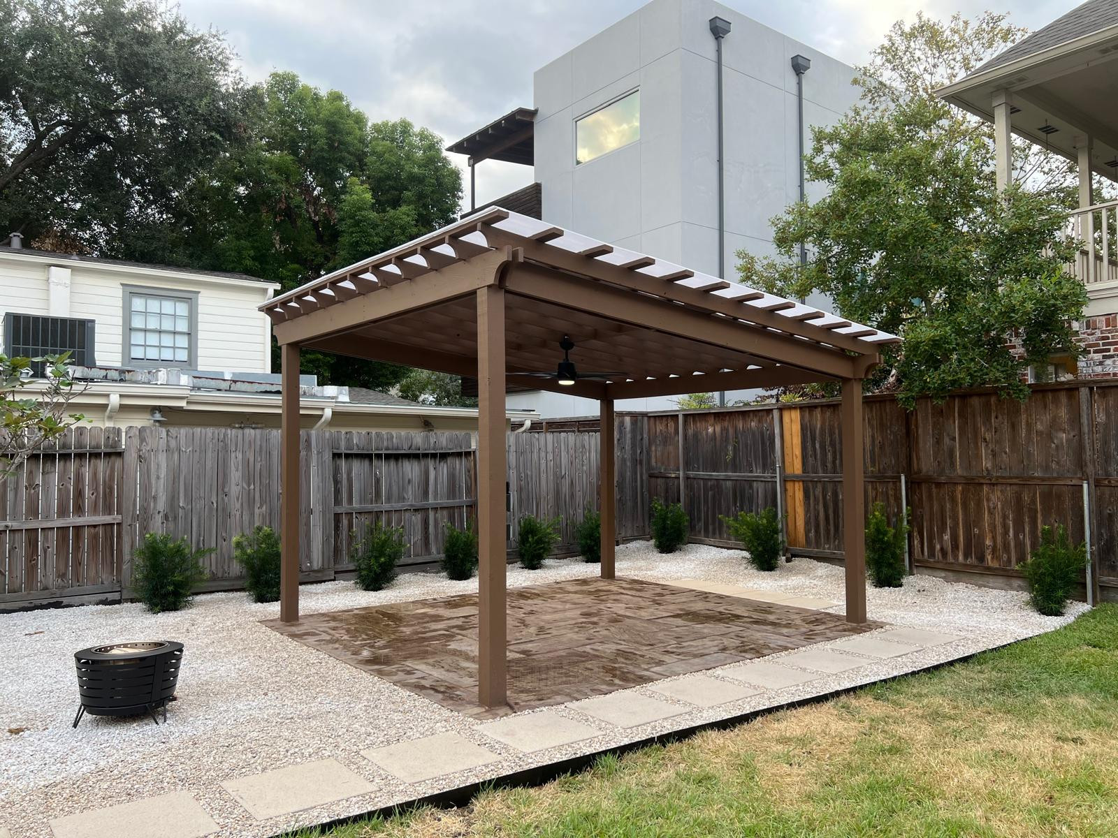 Beautiful stamped concrete patio with Pergola Cover on Haddon st!