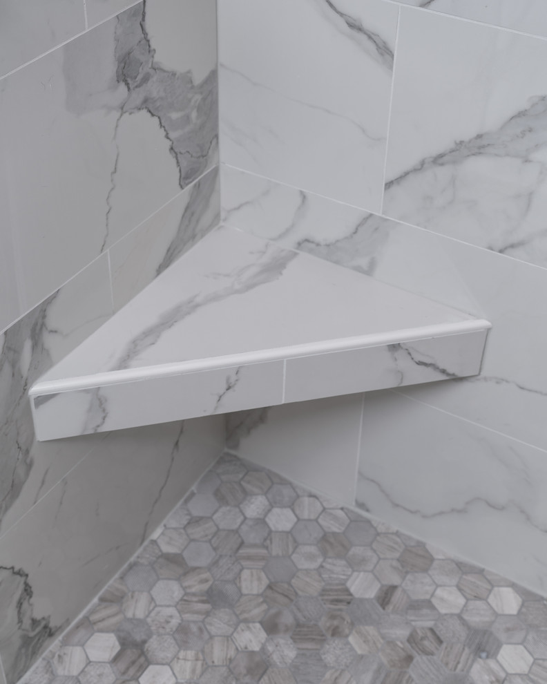 Inspiration for a large transitional master multicolored tile and mosaic tile porcelain tile double shower remodel with gray walls, an undermount sink and quartz countertops