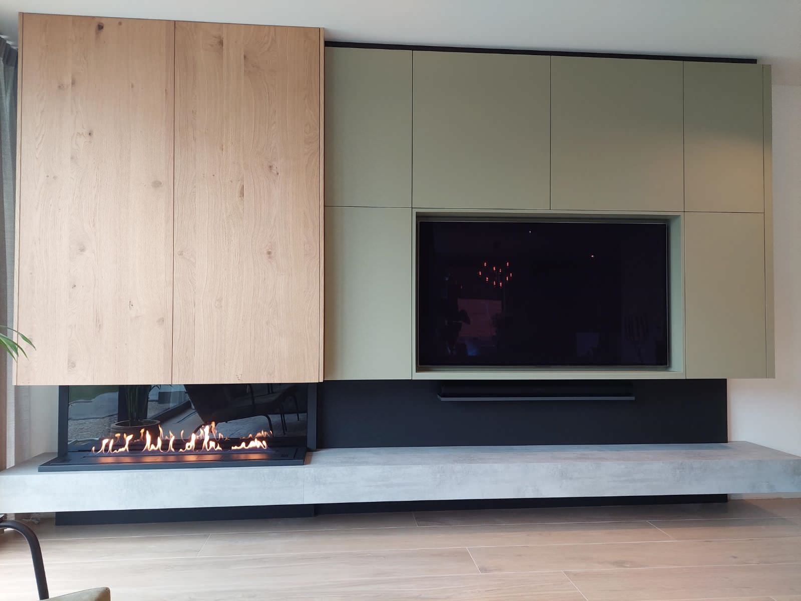 Биокамин встроенный в мебельный гарнитур под тв зоной
