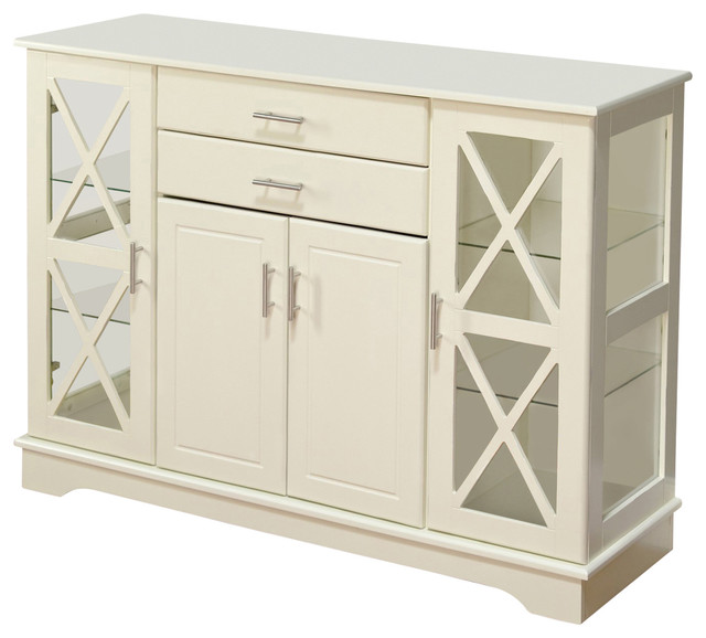 White Wood Buffet Sideboard Cabinet With Glass Display Doors