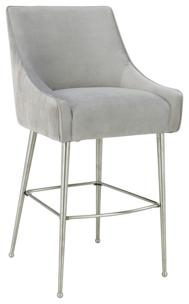 TOV Furniture Beatrix Pleated Light Grey Velvet Bar Stool