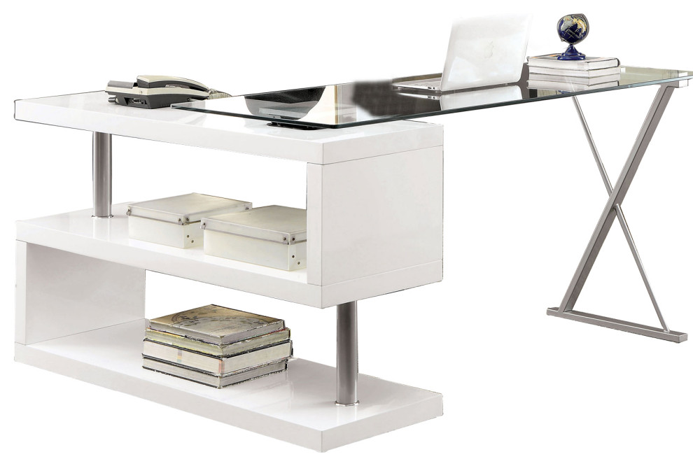 Movable Glass Top Desk with X Shaped Side Panel, White and Clear