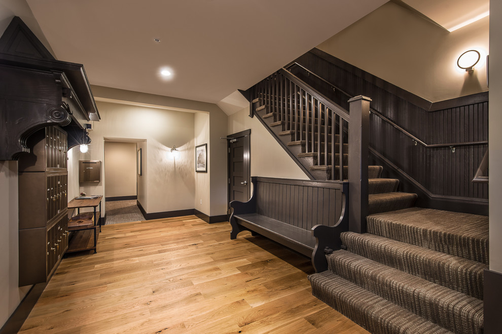 Design ideas for a transitional hallway in Boston with medium hardwood floors.