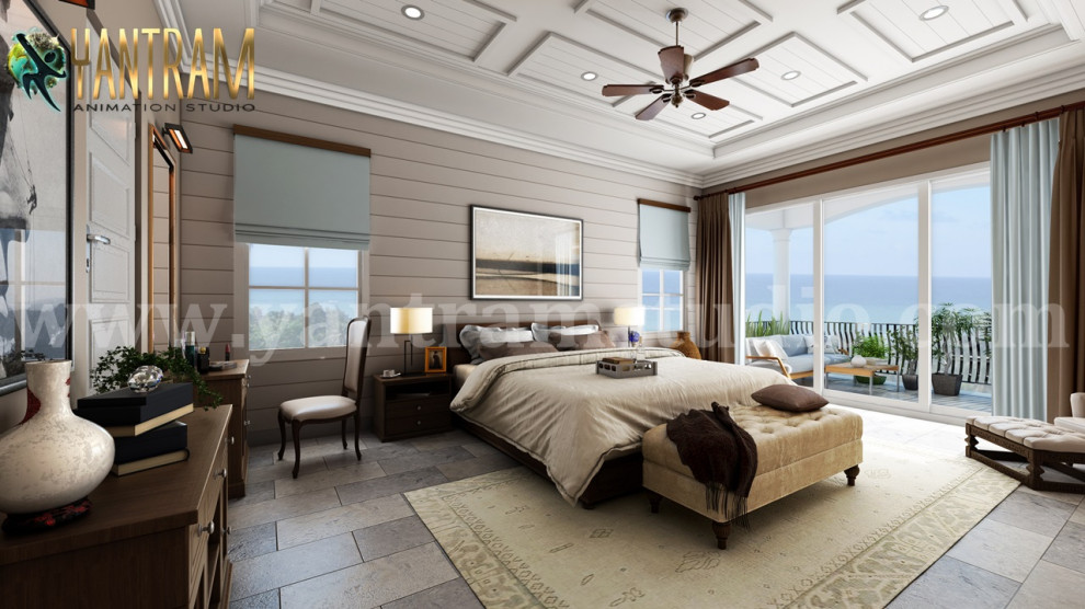 Großes Modernes Hauptschlafzimmer mit beiger Wandfarbe, Kalkstein, Eckkamin, gefliester Kaminumrandung, beigem Boden, eingelassener Decke und Holzdielenwänden in New York