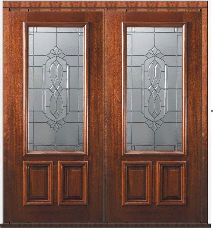 Prehung Double Door 80 Wood Mahogany Kensington 2/3 Lite Glass
