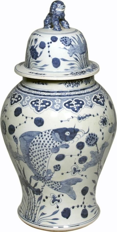 Temple Jar Vase Fish Blue Colors May Vary White Variable Polished