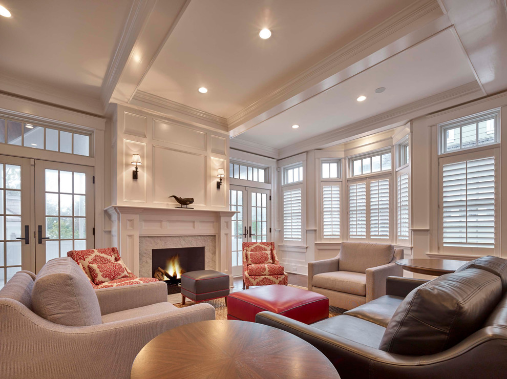 Inspiration for a large beach style open concept family room in Philadelphia with white walls, medium hardwood floors, a standard fireplace, a stone fireplace surround, a built-in media wall and brown floor.