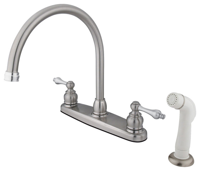 Vintage Double Handle Goose Neck Kitchen Faucet with White Sprayer ...