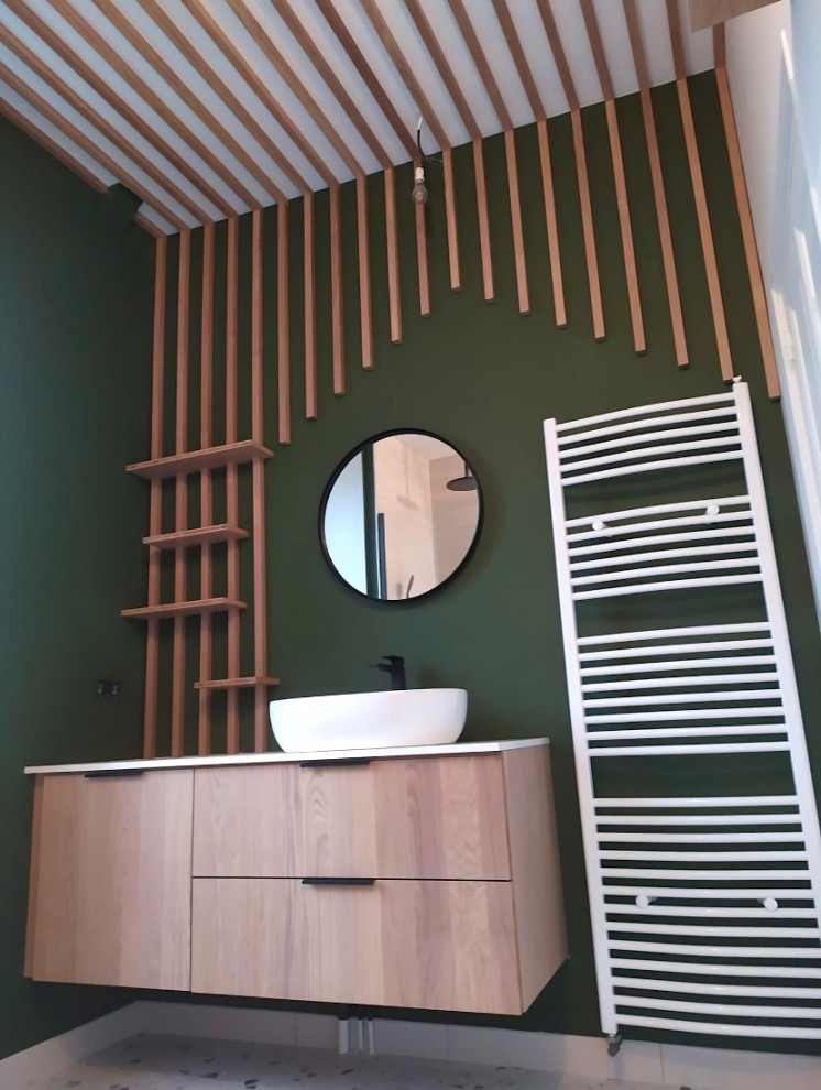 Inspiration for a small scandi ensuite bathroom in Other with light wood cabinets, a walk-in shower, white tiles, green walls, a built-in sink, laminate worktops, multi-coloured floors, an open shower, white worktops, a single sink, a floating vanity unit, a timber clad ceiling and tongue and groove walls.