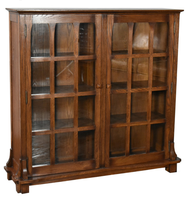 Mission Solid Oak Double Door Bookcase, Old Dark Wood Bookcases
