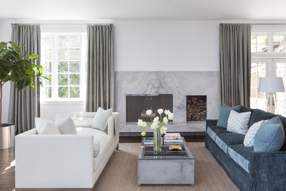 Inspiration for a transitional formal living room in San Francisco with white walls and a standard fireplace.