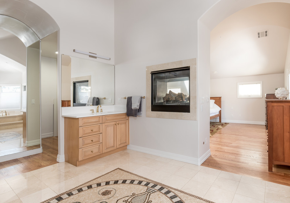 Photo of a large transitional bathroom in Denver with flat-panel cabinets, medium wood cabinets, grey walls, mosaic tile floors, a drop-in sink, engineered quartz benchtops and white benchtops.