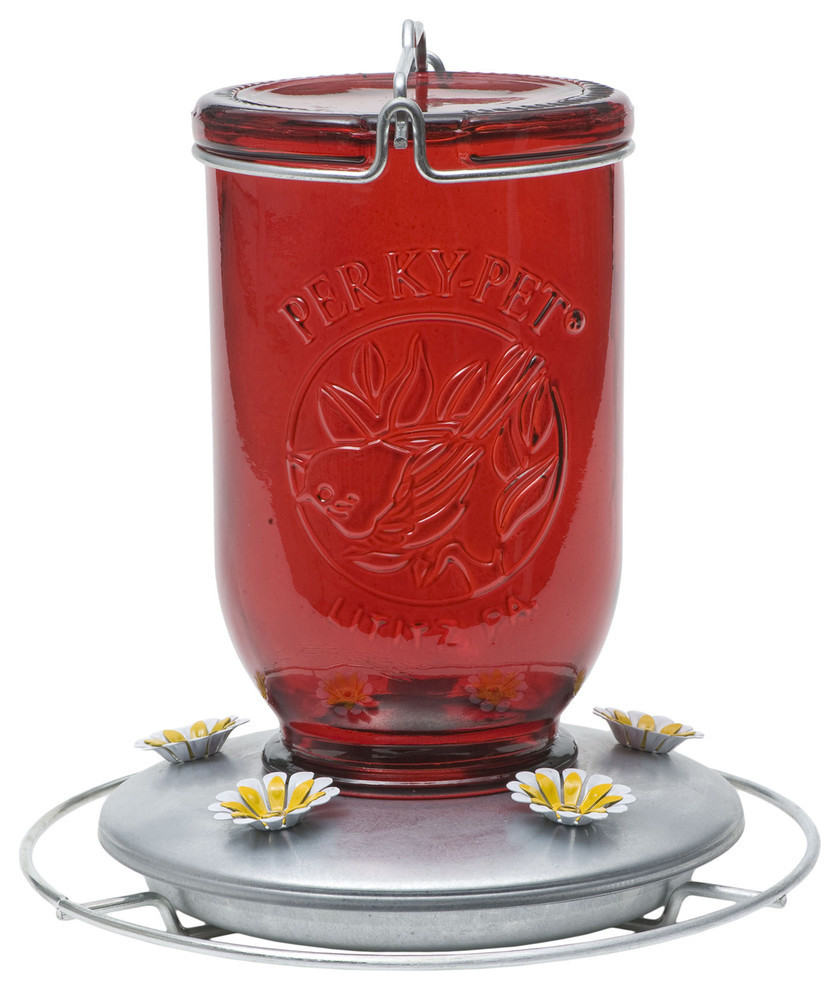 32 oz. Glass Mason Jar Hummingbird Feeder, Red