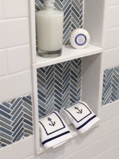 Boy's Bathroom Herringbone Blue Tile/Marble Niche