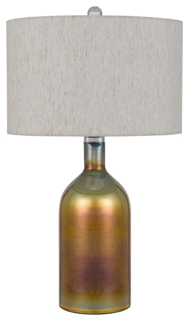28 Inch Glass Bottle Table Lamp, Drum Shade, Dimmer, Bronze