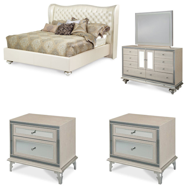 Hollywood Swank 5 Piece Platform Bedroom Set Creamy Pearl Queen