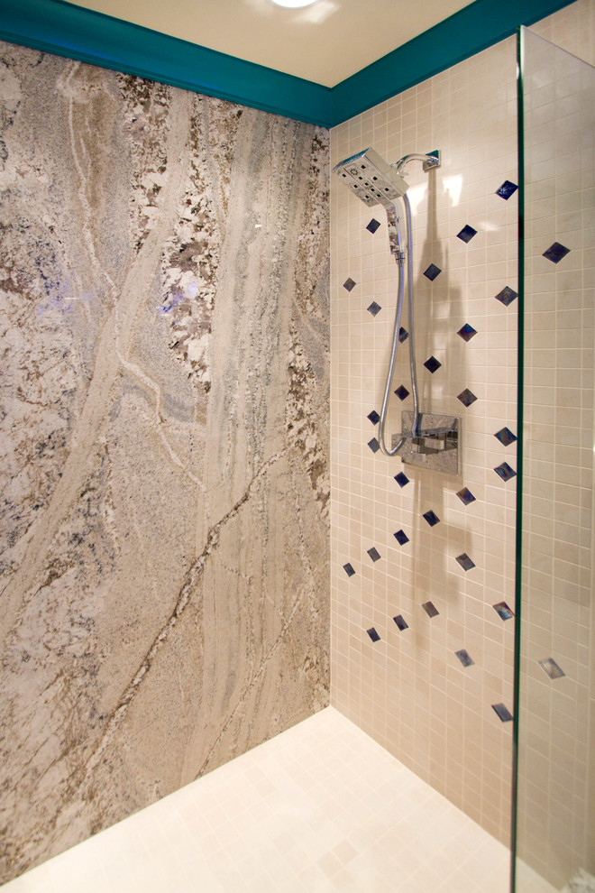 Doorless shower - mid-sized transitional master blue tile and mosaic tile mosaic tile floor doorless shower idea with a one-piece toilet and gray walls