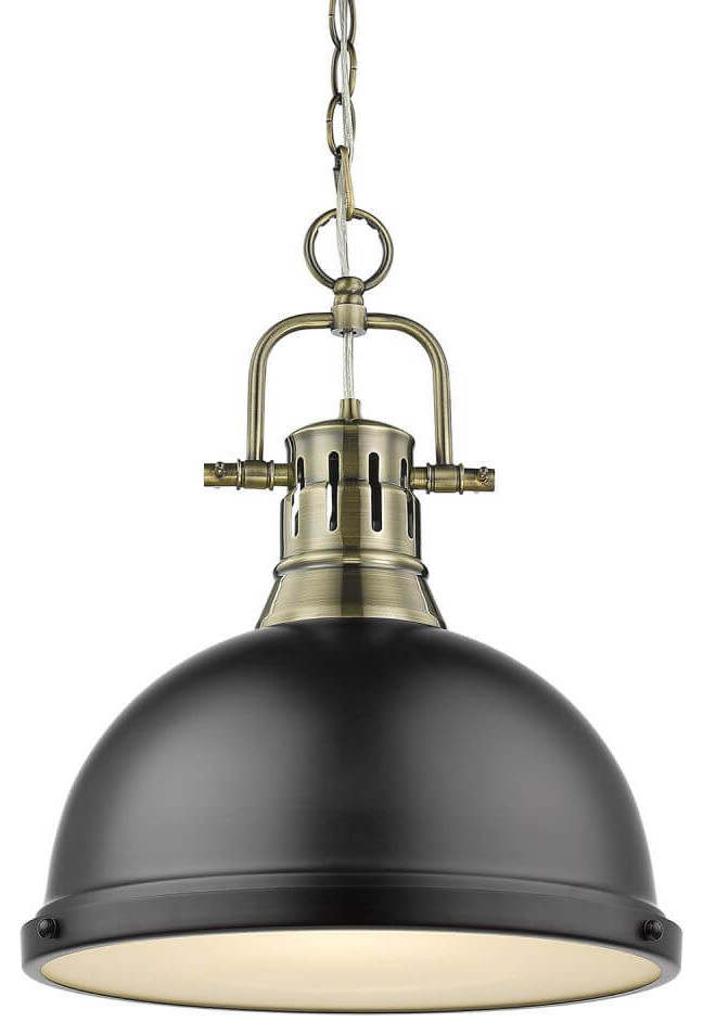 1Light Aged Brass Pendant With Matte Black Shade Traditional