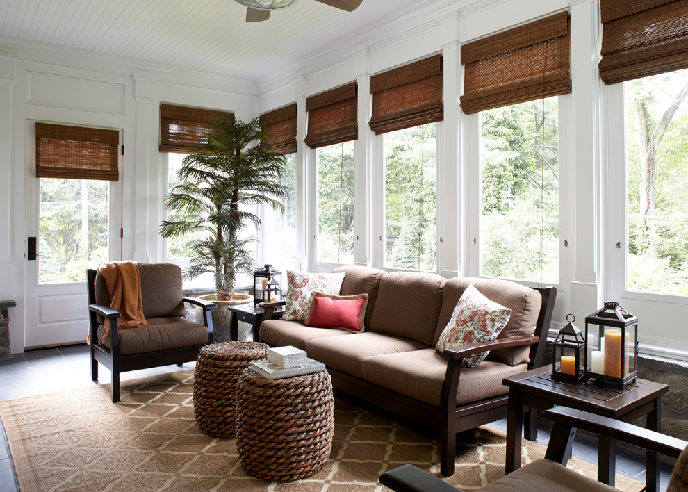 This is an example of a traditional sunroom in New York with no fireplace and a standard ceiling.