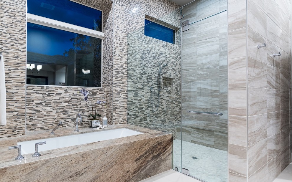 Large contemporary master bathroom in Austin with flat-panel cabinets, black cabinets, an undermount tub, a double shower, beige tile, gray tile, white tile, matchstick tile, beige walls, an undermount sink, marble floors and granite benchtops.