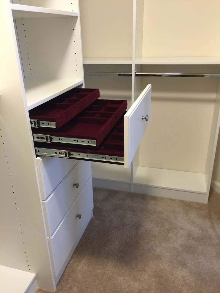 Photo of a mid-sized traditional gender-neutral walk-in wardrobe in Other with flat-panel cabinets, white cabinets and carpet.