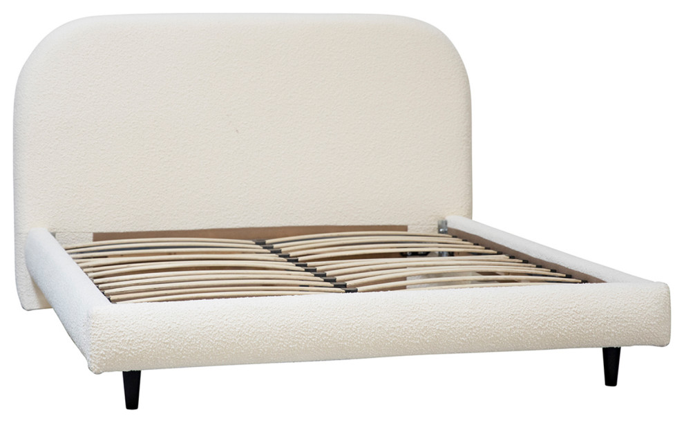 White Mod Boucle Queen Bed Frame Midcentury Platform Beds by