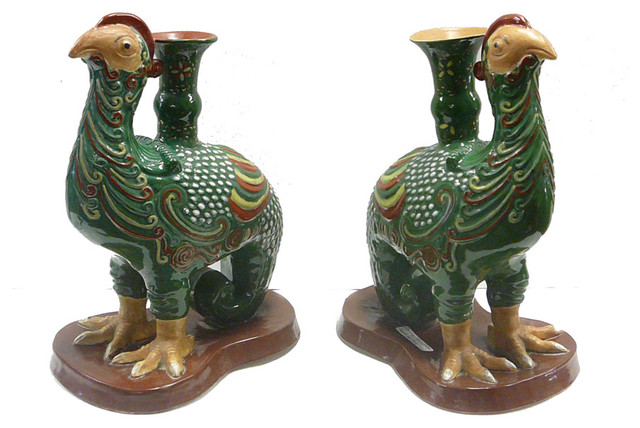 Pair Chinese Clay Green Phoenix Candle Holders